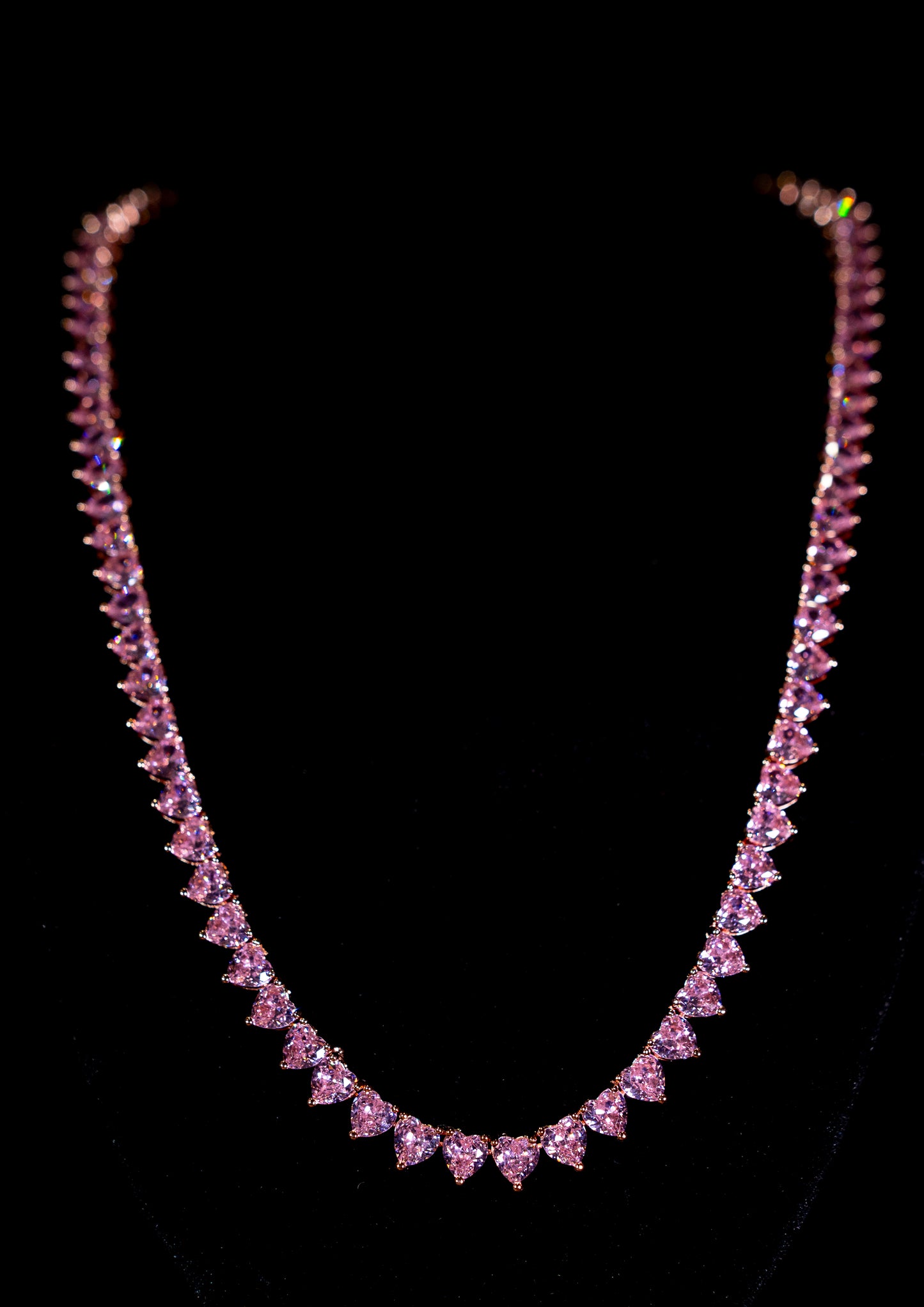 Colar 5mm Tennis Rose Pink Heart Banhado a Ouro 24k