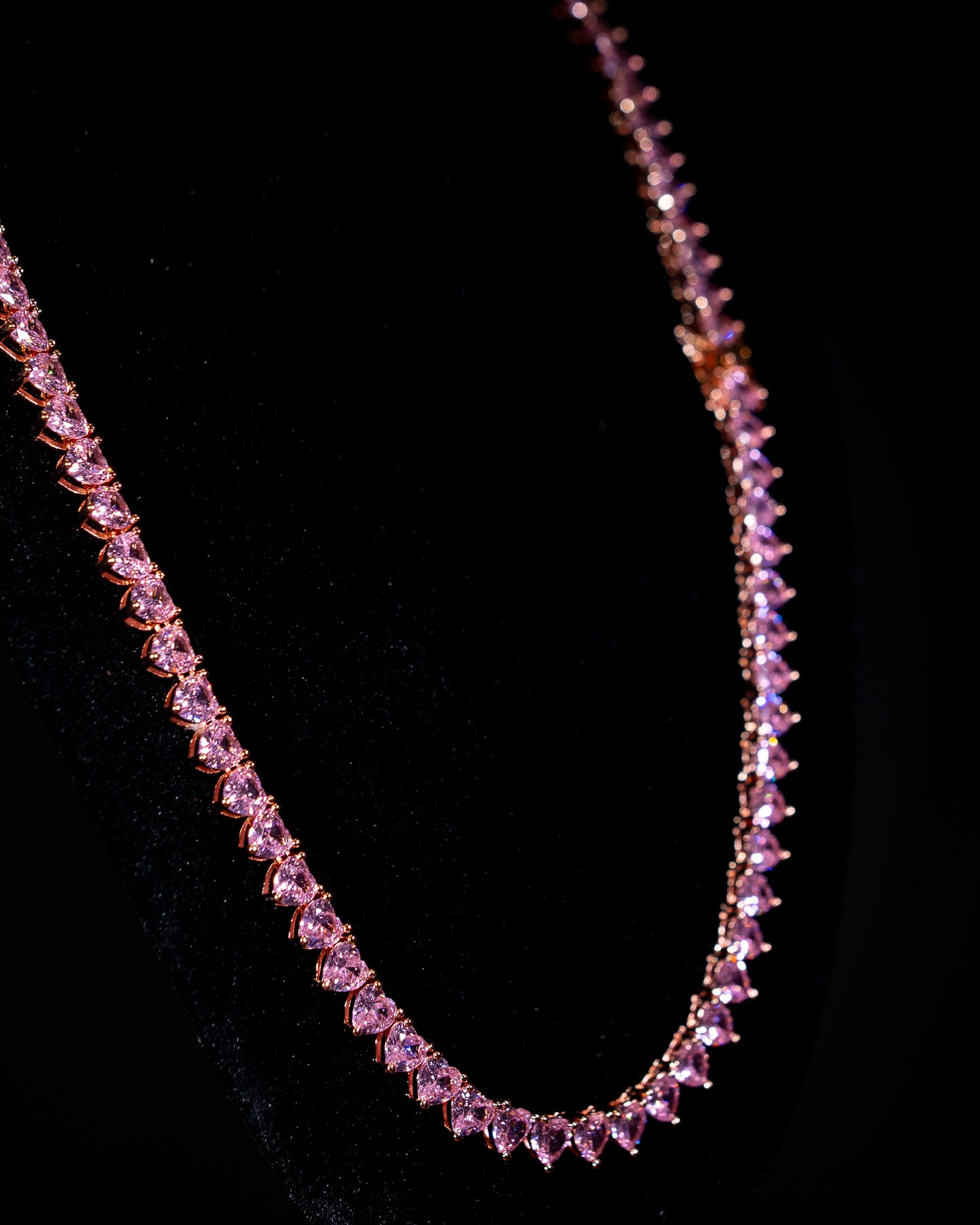 Colar 5mm Tennis Rose Pink Heart Banhado a Ouro 24k