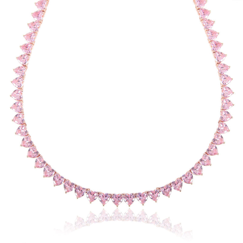 Colar 5mm Tennis Rose Pink Heart Banhado a Ouro 24k