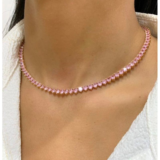 Colar 5mm Tennis Rose Pink Heart Banhado a Ouro 24k
