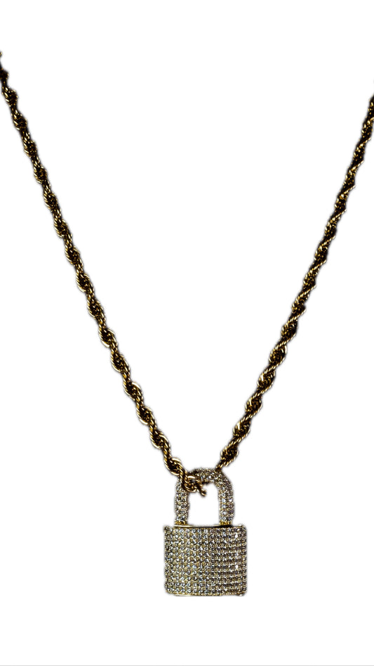 Rope Chain Necklace w/ Padlock 18K Gold Plated